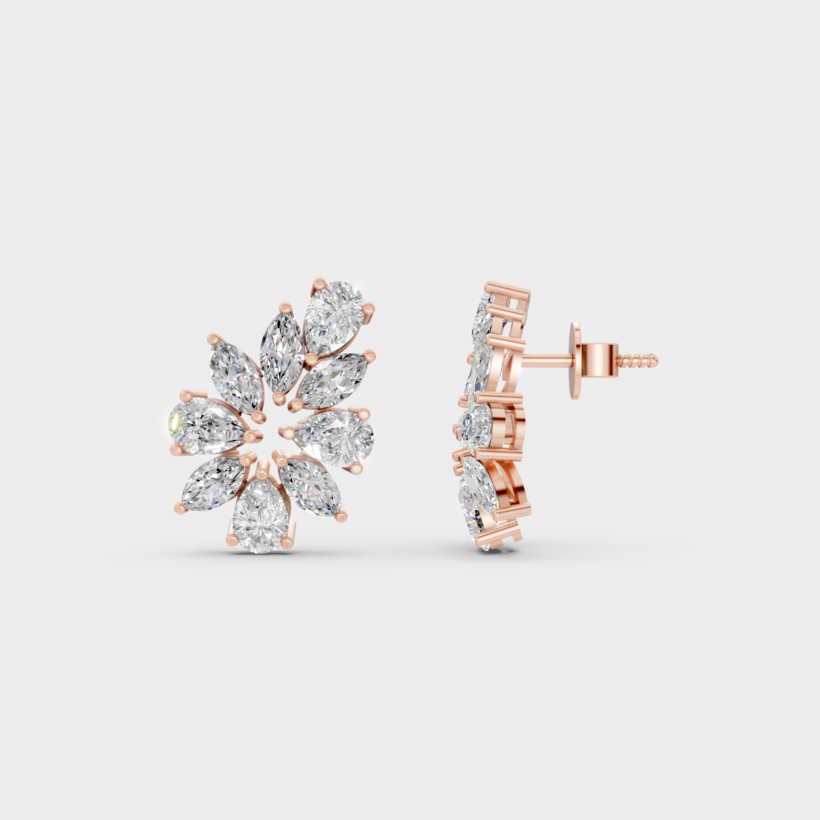 Romantic profile of 1.98 Carat Marquise and Pear Cut Lab-Grown Diamond Stud Earrings in blush 14K Rose Gold.